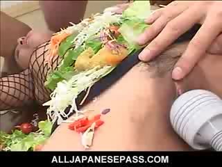 Jap AV doll turned into an edible table for horny guys