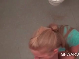 Nasty blonde banged from behind in bathroom