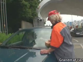 Two dudes pick up hot grandma and screw outside